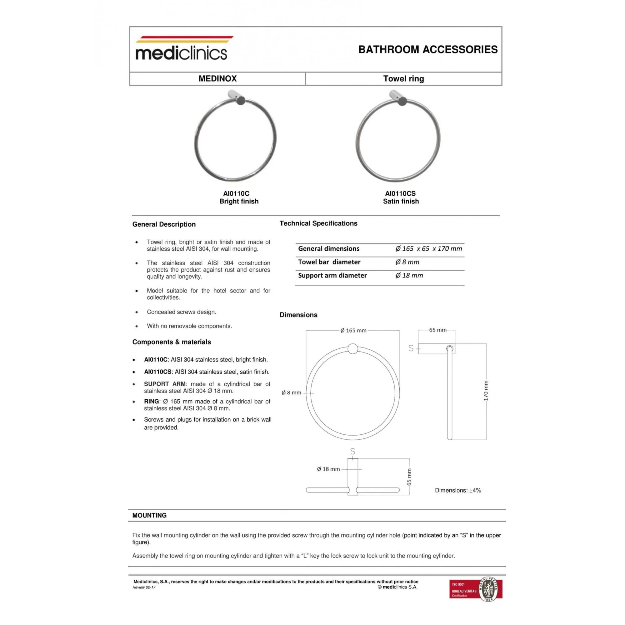 AI0110 Mediclinics Medinox Series AISI 304 Stainless Steel Towel Holder Ring - Image 3