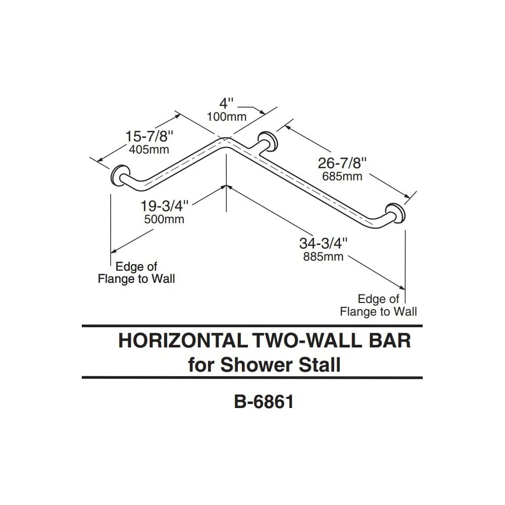 B-6861 38mm Diameter L-Shaped Two-Wall Stainless Steel Shower Grab Bar (500 x 885mm) - Image 2