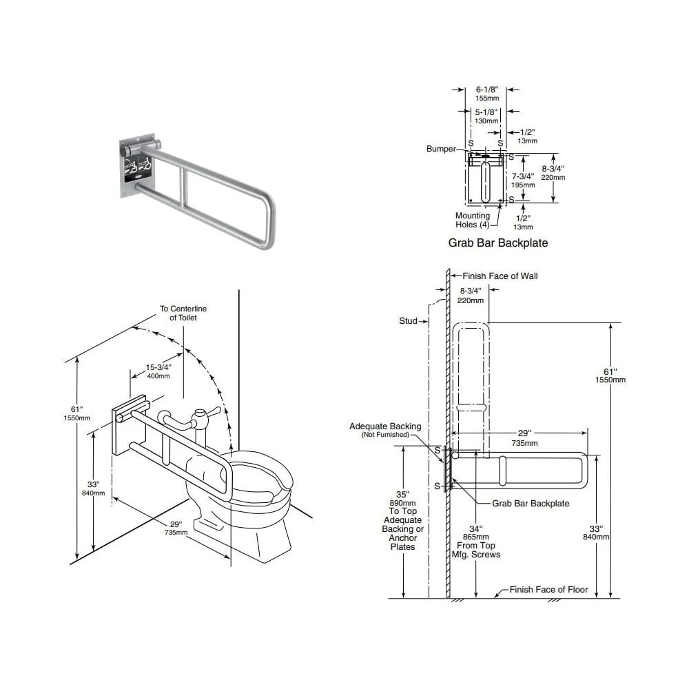 B-4998 735mm Stainless Steel Fold-down Grab Bar - Image 5