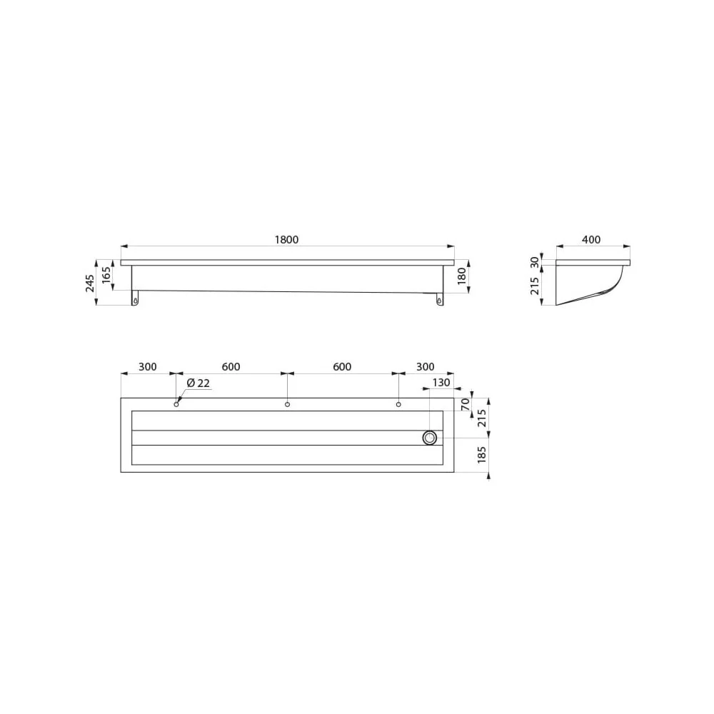 CANAL Wall-Mounted Stainless Steel Wash Trough L.1800mm with 3 x Ø22mm tap holes 121280 - Image 2