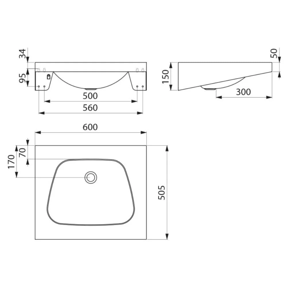 120270 / 121270 TRAPEZ Washbasin 600x505 Washbasin (With or Without Tap Hole) - Image 3