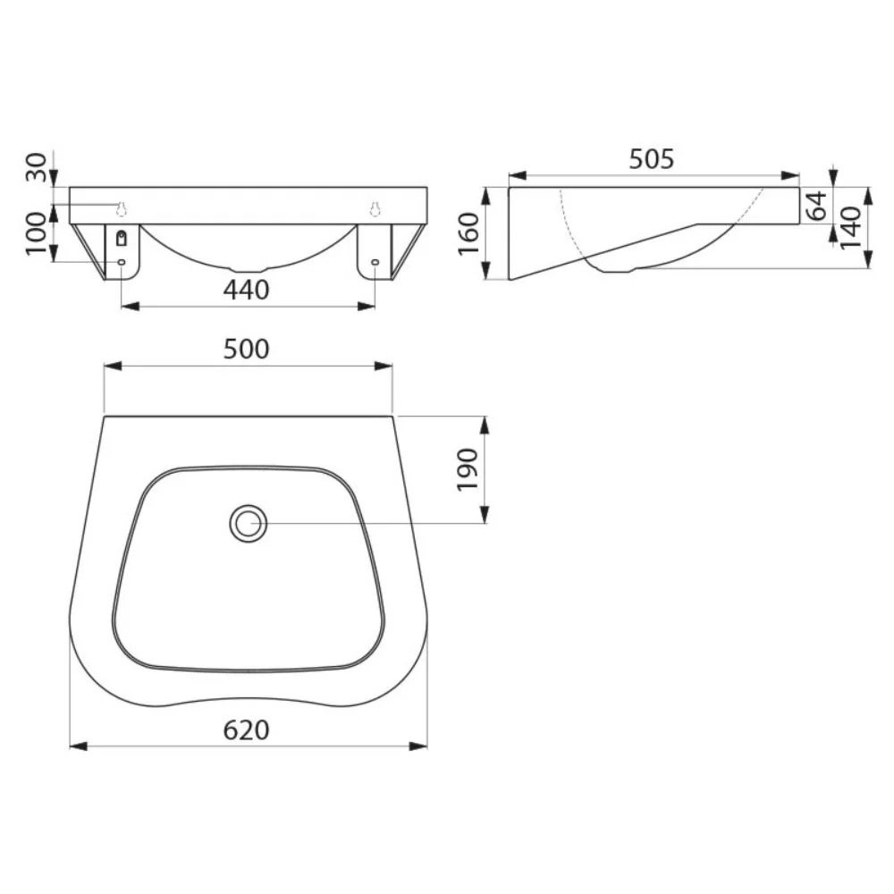 120440 / 121440 FRAJU Person with Reduced Mobility Wall Mounted 620x505 Washbasin (With or Without Tap Hole) - Image 3