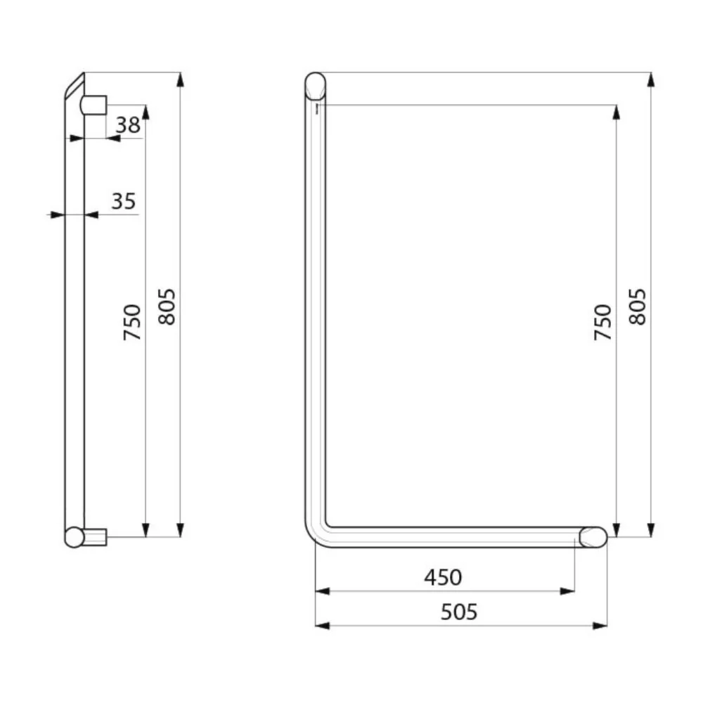 511970 Be-line® L-Shaped Aluminium Grab Bar Ø35mm 750x450 - Image 4