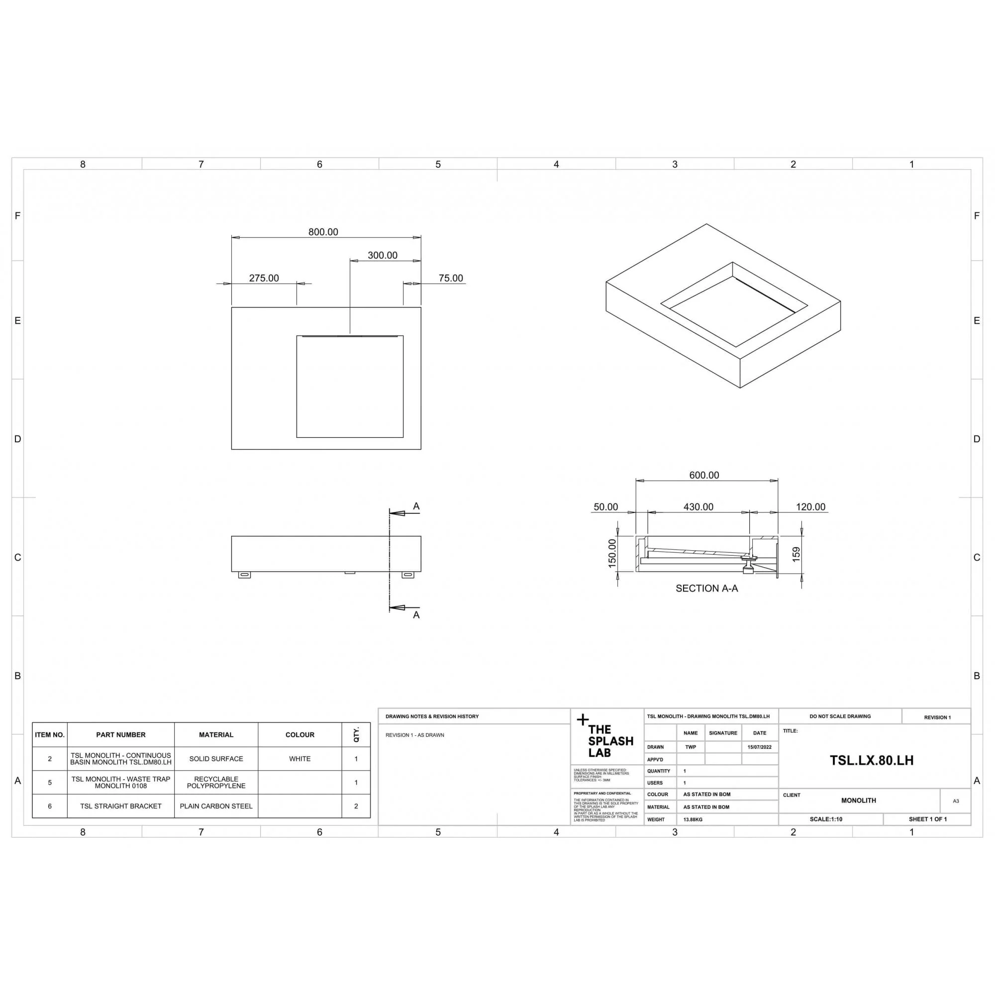 The Monolith M+ or L+ Series Wall Mounted Wash Basin With Left Hand Vanity Area L.800mm (450 or 600mm Depth) - Image 4