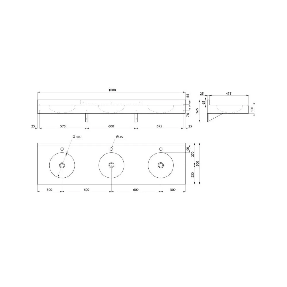 TRIPLO RP Stainless Steel Wall-Mounted Multiple Washbasin and Splaashback with 3 x Ø35mm tap holes L.1800mm 121750 - Image 2