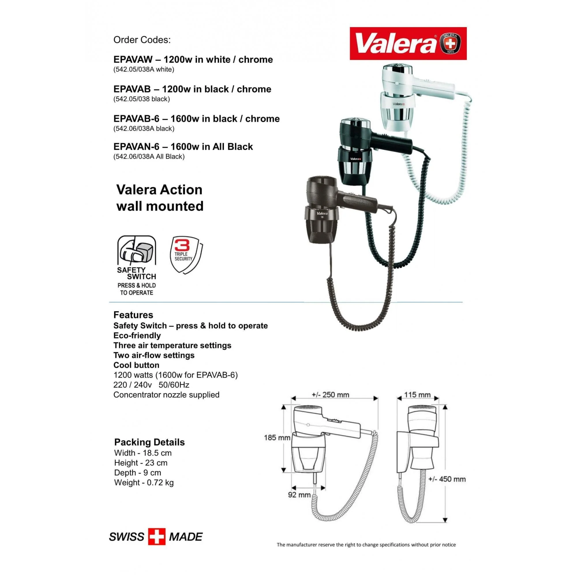 Valera Action Super Plus Wall Mounted Hotel Hair Dryer 1200W | EPAVAW - Image 2