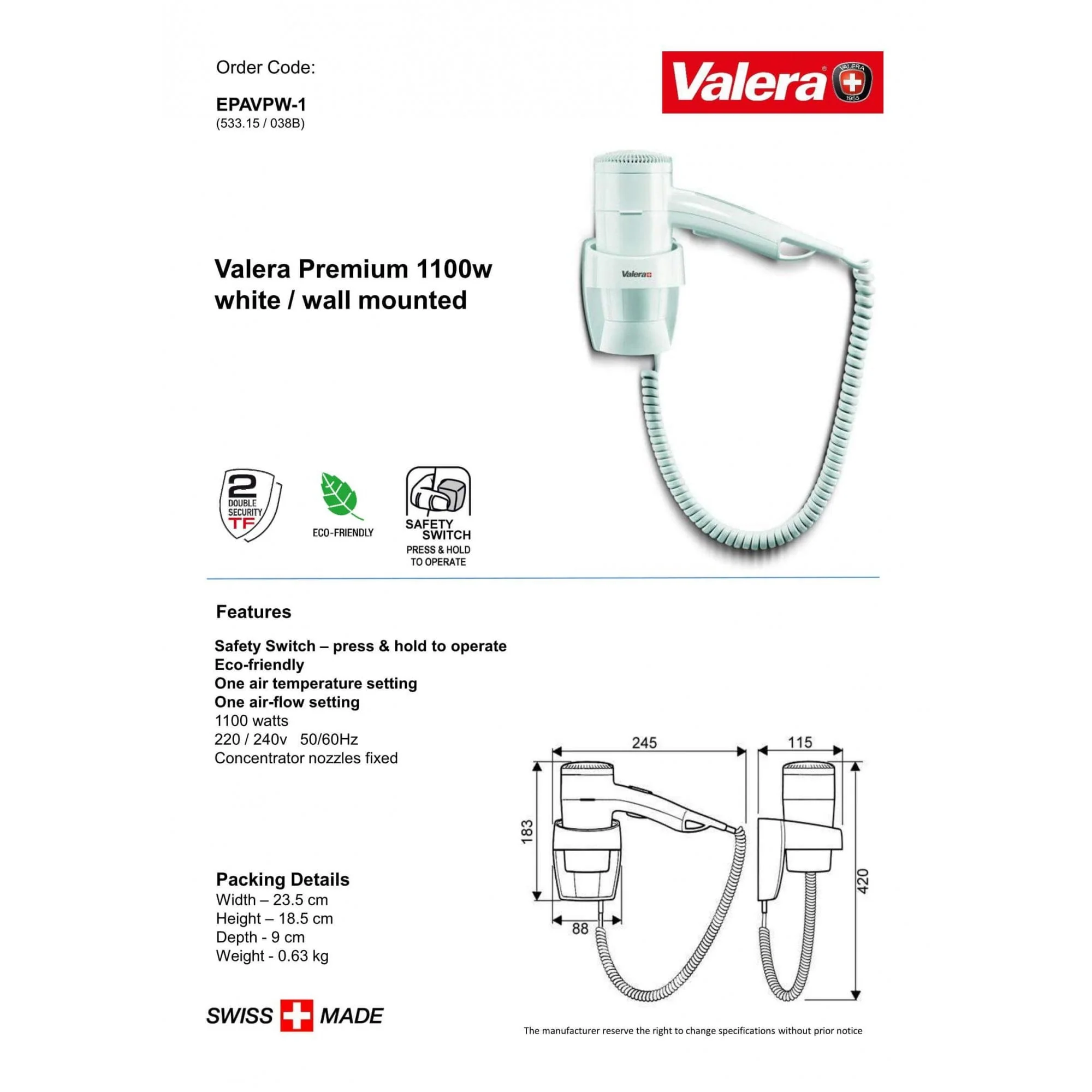 Valera Premium Wall Mounted Hair Dryer 1100W | EPAVPW-1 - Image 2