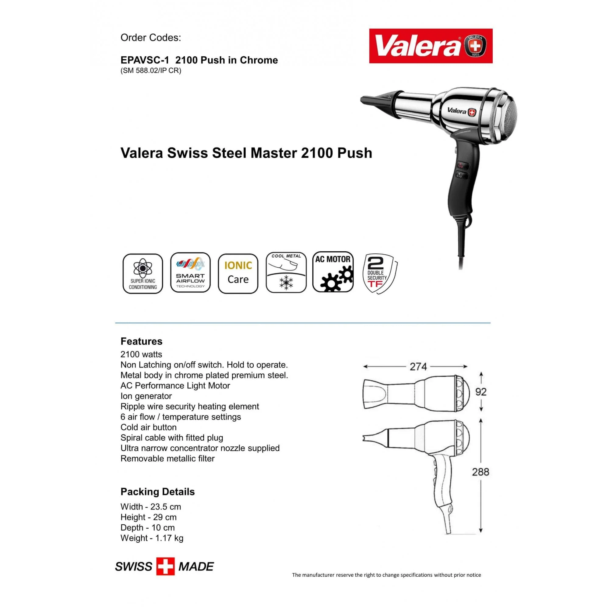 Valera Swiss Steel Master Ionic Hair Dryer 2100W | EPAVSC / EPAVSC-1 - Image 4