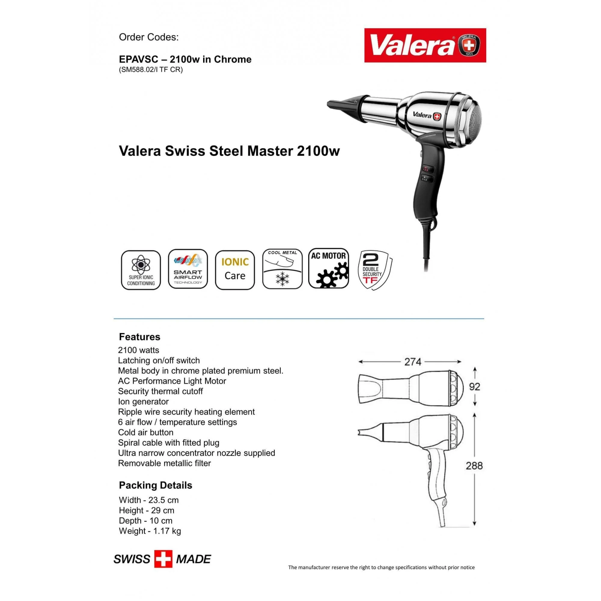 Valera Swiss Steel Master Ionic Hair Dryer 2100W | EPAVSC / EPAVSC-1 - Image 5