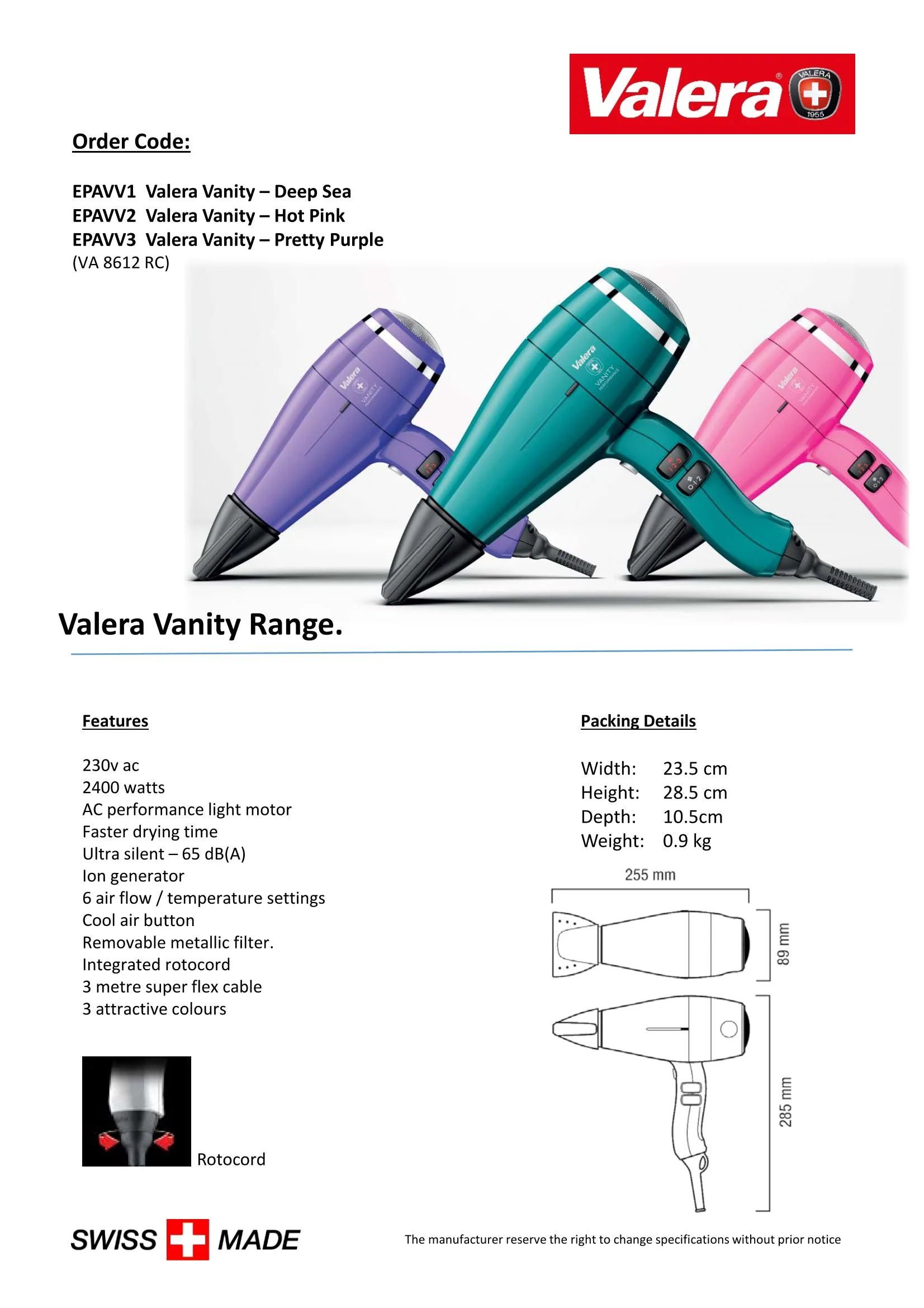 Valera VANITY Performance Professional Hair Dryer | EPAVV1 / EPAVV2 / EPAVV3 - Image 4